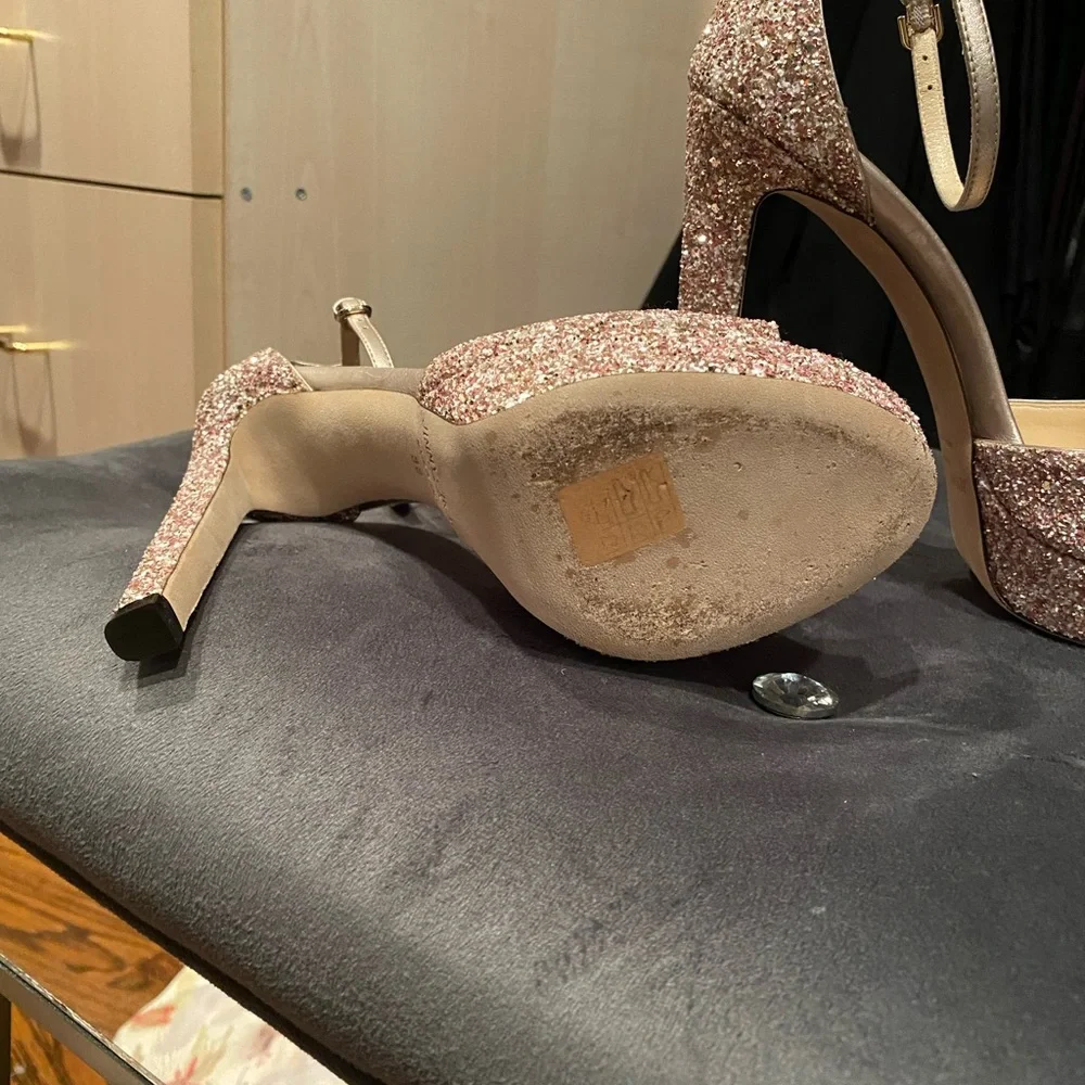 Jimmy Choo Rose Gold Glitter Platform Sandals